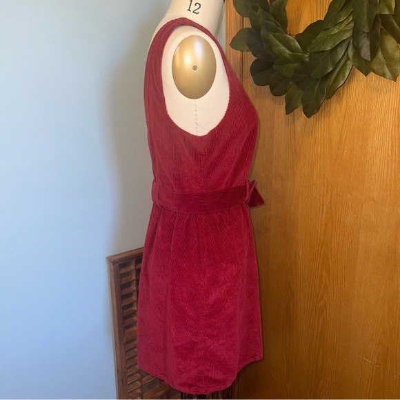 American Eagle Outfitters Deep Red Corduroy Jumper Dress Large Belted Pockets - Picture 6 of 8